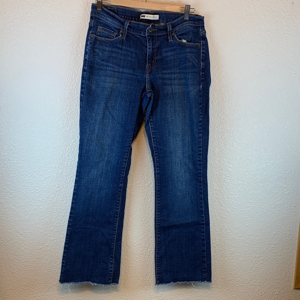 Levis womens 529 curvy boot cut dark wash jean sz 12 midrise sequins frayed end
